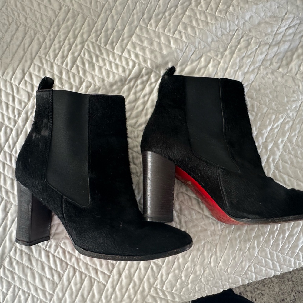 Christian Louboutin Black Leather & Pony Hair Ankle Booties with Red Soles